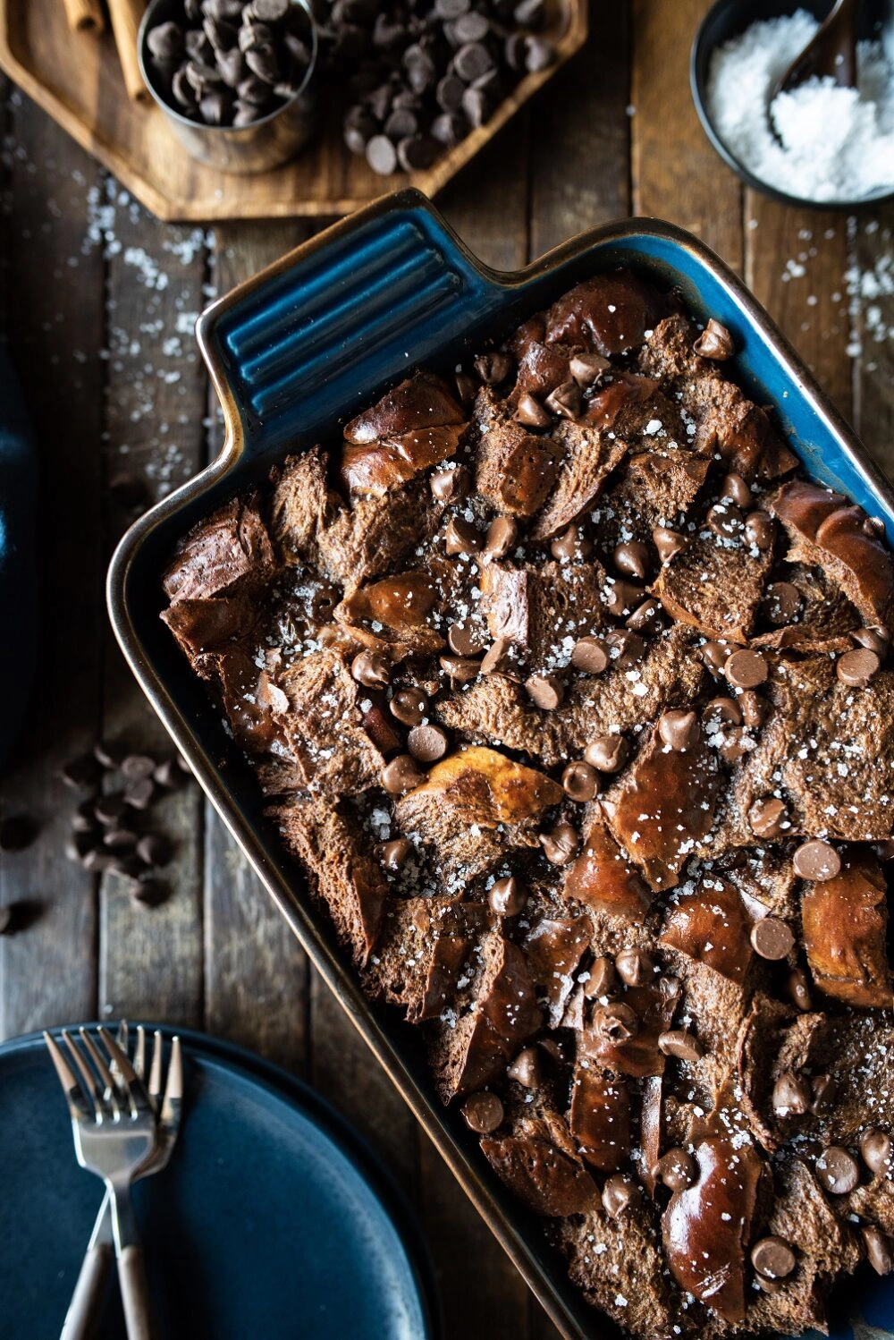 Casserole dish of chocolate bread pudding